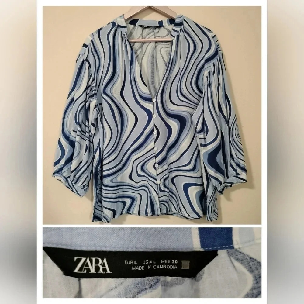 Zara Size Large 3/4 Balloon Sleeves Blue White Psychedelic Boho Y2K Vibe Top